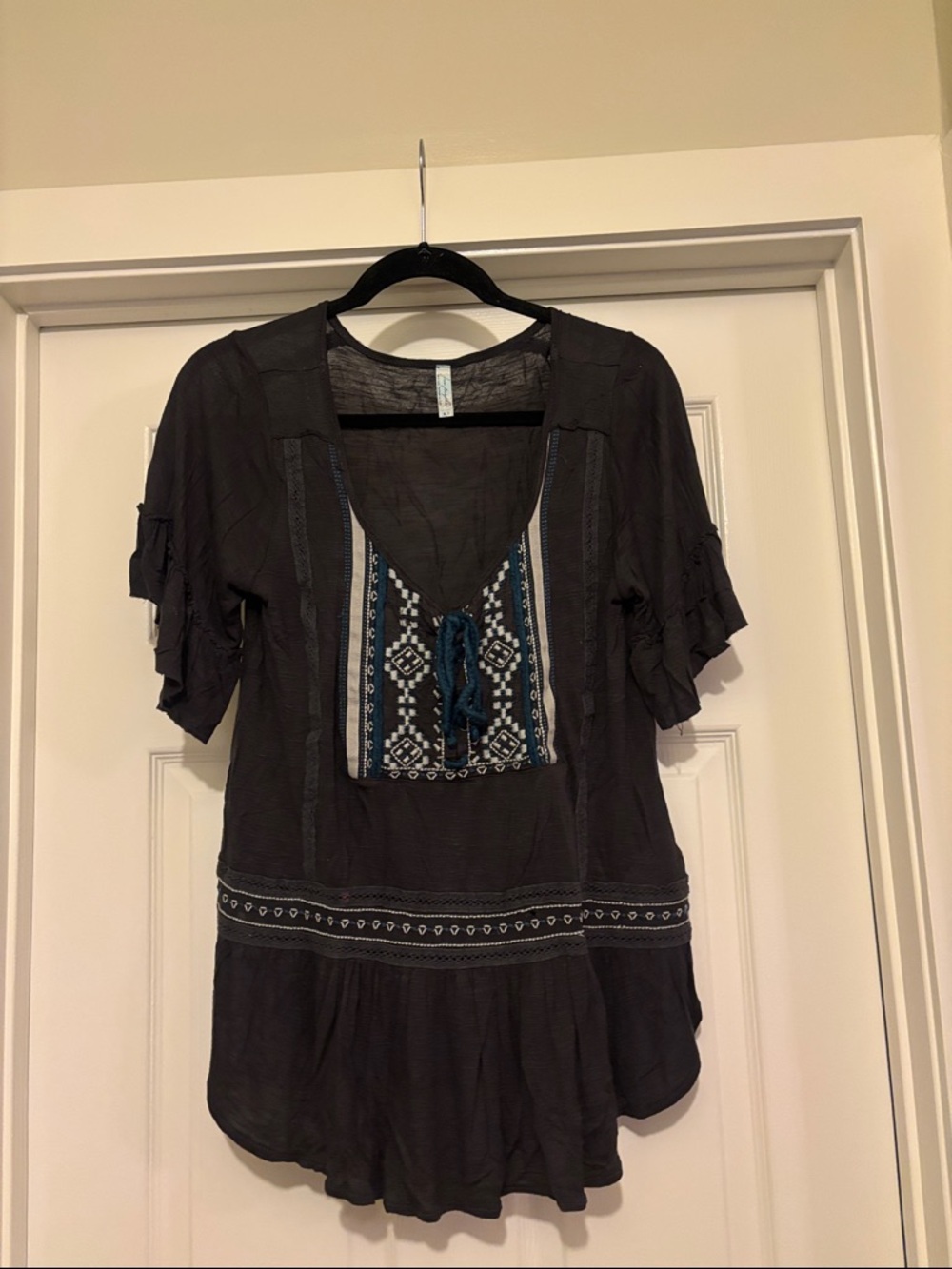 Free People Charcoal Gray Tunic with Teal Embroidered Yoke